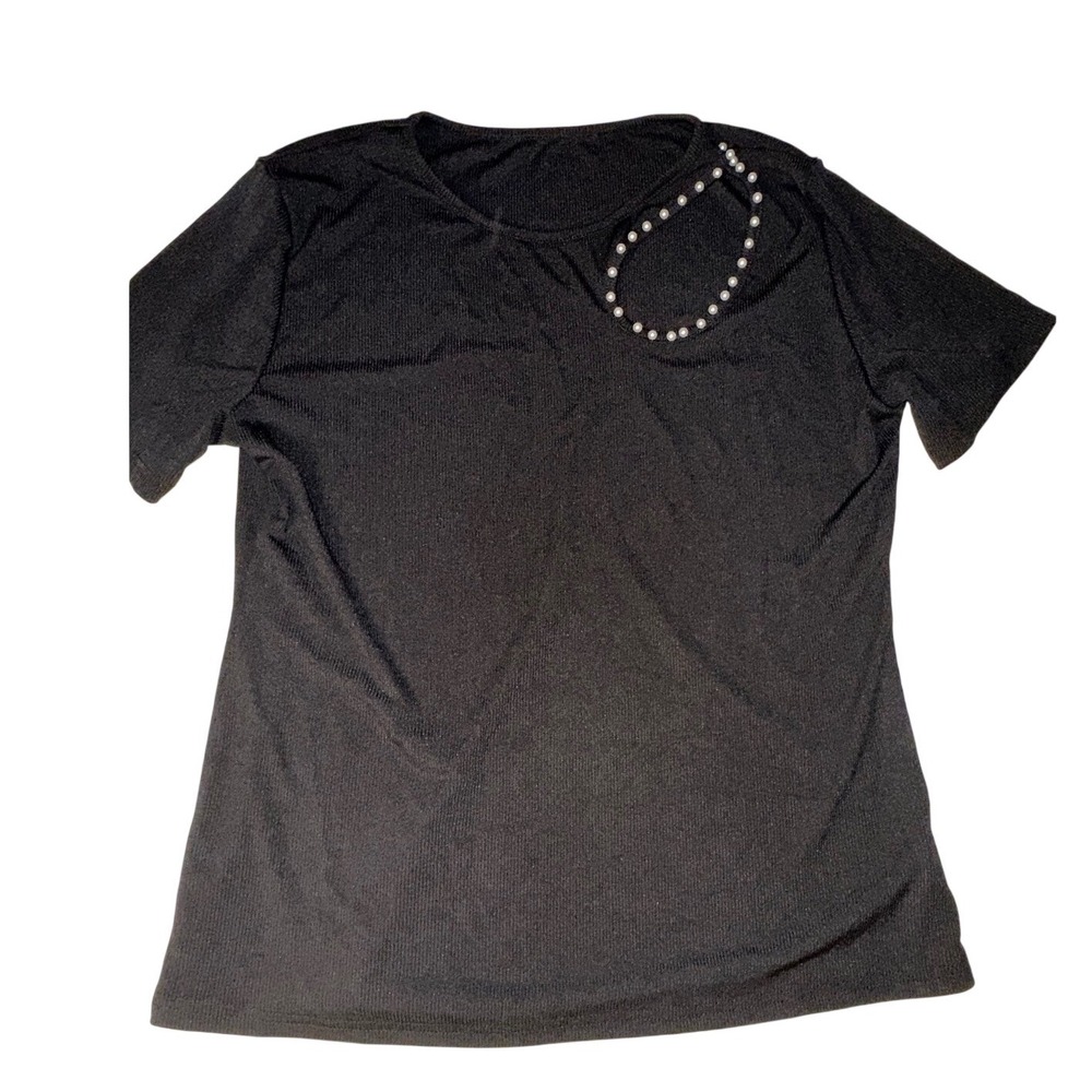 Women Black Ribbed Knit Short Sleeve Top Faux Pearl Cutout Accent XXL